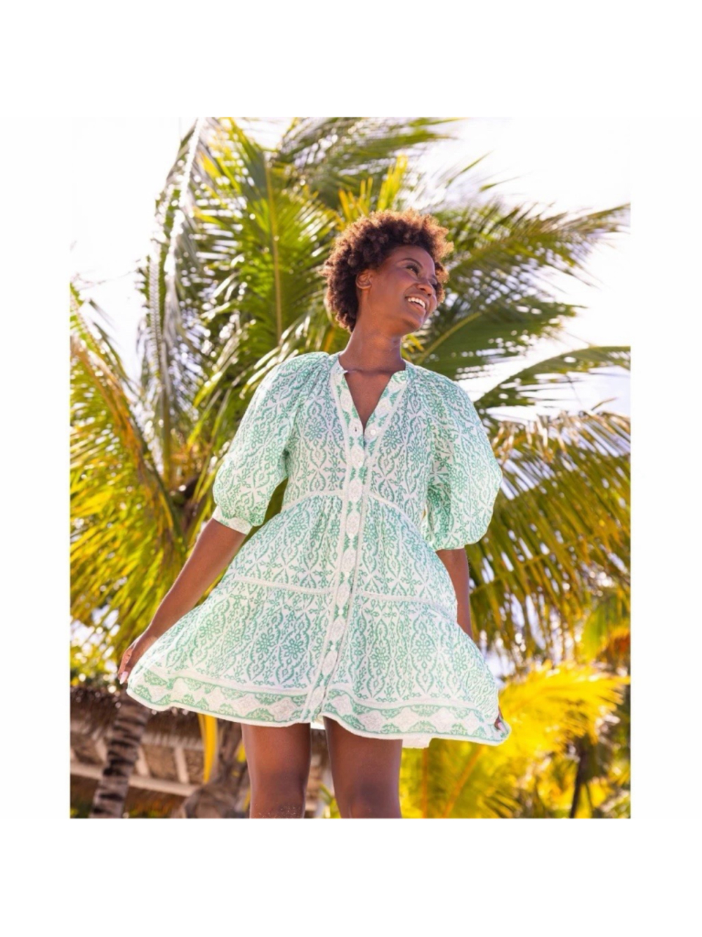 Bell by Alicia Bell Cotton Silk Voile Green Cream Block Print Clara Mini Dress L